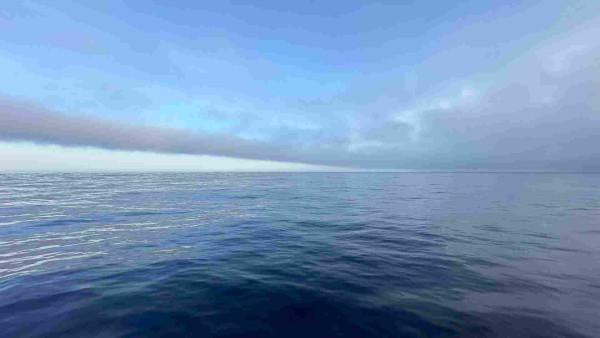 Completely flat water of the Pacific Ocean with clouds on the horizon. 