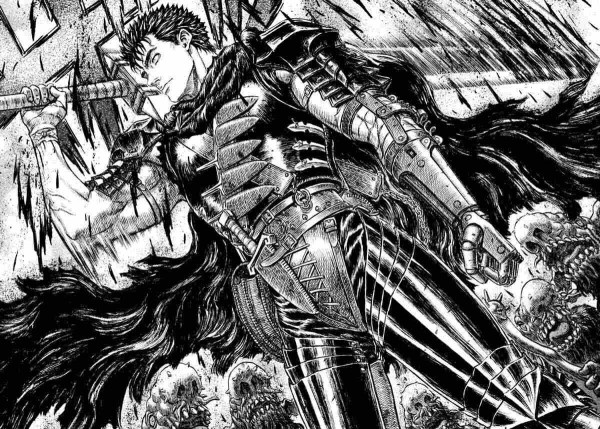 A panel from Berserk that depicts Guts standing in his dark armor, his sword slung over his shorter.