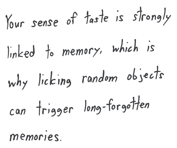 Your sense of taste is strongly linked to memory, which is why licking random objects can trigger long-forgotten memories.