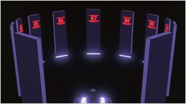 Evangelion council of black slabs.  A ring of black slabs with red numbers on their face 