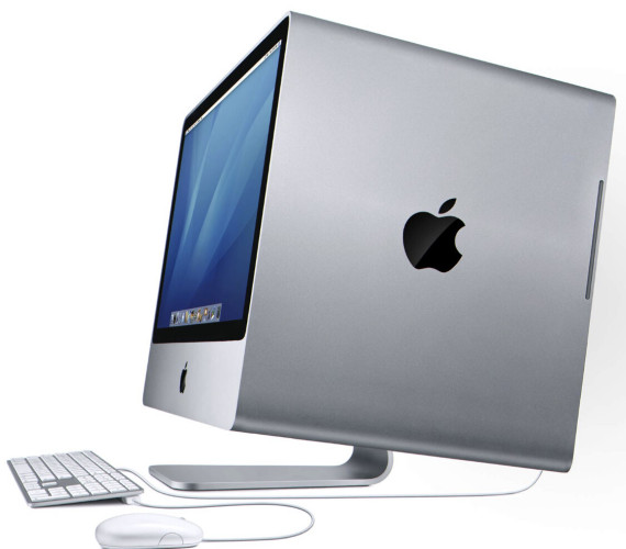 A photo of an Apple iMac cube. It looks to be a 27” screen model that goes as far back as it is wide and high. It looks neither elegant or stable. 