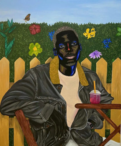 Painting of a young Black man wearing a grey jacket sitting outside against a yellow picket fence and green flowering hedge, looking directly at the viewer with a small table holding a pink drink in front of him