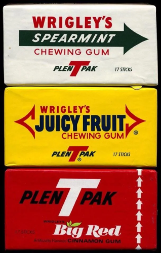 Image showing 3 wrigley chewing gums: Spearmint, Juicy Fruit, Big Red