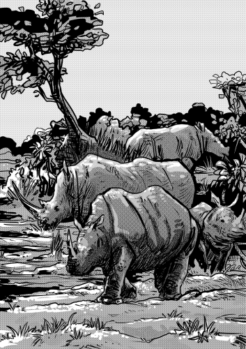 Various rhinos peacefully existing on a flat grassland with plenty of shrubs, a pond, and muddy puddles. 