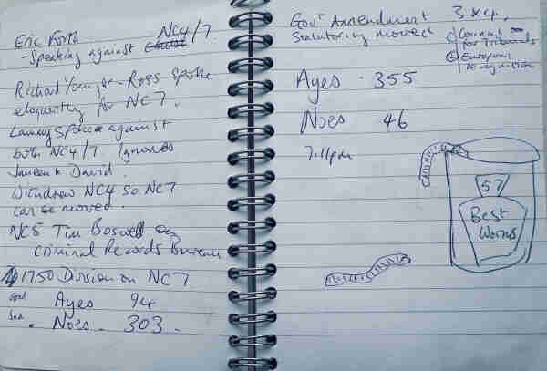 A two page spread from my notebook where I jotted names and votes during the second and third readings of the Gender Recognition Bill on May 25th, 2004. The last entry was for the final vote at 7.11pm showing ‘Ayes’ (yes votes) of 355 and ‘Noe’s’ (against) 46
