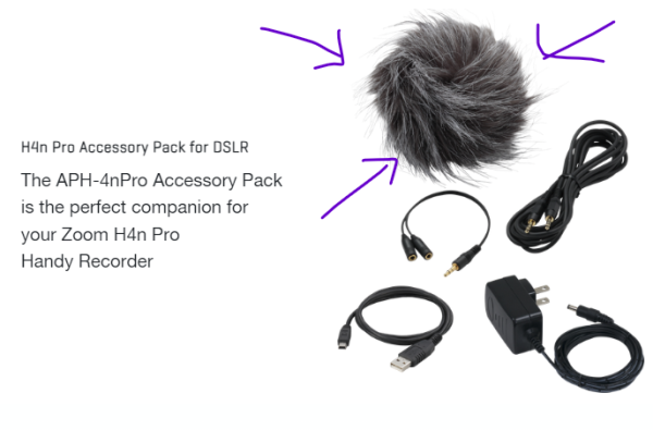 Image of audio cables and a power cord plus a furry merkin. Text reads "H4n Pro Accessory Pack for DSLR
The APH-4nPro Accessory Pack is the perfect companion for your Zoom H4n Pro Handy Recorder"