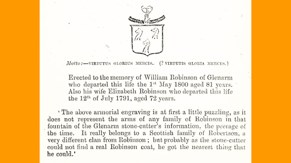 Transcript of a gravestone inscription with a drawing of a coat of arms that was carved on the gravestone and related commentary.