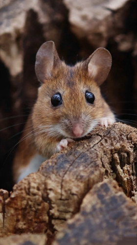 Photography. A color photo of a small brown-grey wood mouse. It is a close-up showing the mouse looking out of a tree stump and looking directly into the camera. The mouse's ears are relatively large, the eyes are black, very large and clearly protruding. It is simply very cute.