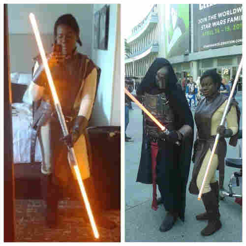 2 image collage, first image is a dark skinned Black woman dressed as Bastila Shan from Knights of the Old Republic video game, taking a mirror selfie while holding a brightly lit yellow double bladed saber. Her costume is a beige body suit under a brown tabard with brown boots and a belt. The second image is the same woman standing next to a Revan cosplayer in heavy ornate armor and a full helmet under a black cloak, outside a convention center with a big banner that says "Join the Worldwide Star Wars Family" "April 16-19". They are both holding yellow sabers (Revan's is a single blade) and next to Bastila is an electric mobility scooter.