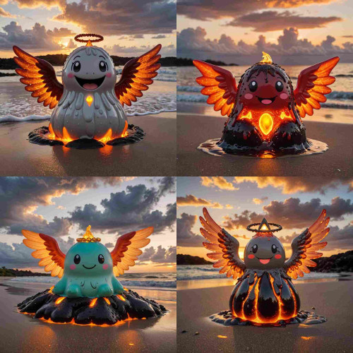 A tiling of four blown-glass, smiling slimes, with angel wings and angel halos on a beach with a cloudy sunset backdrop generated by Stable Diffusion