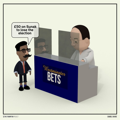 A cartoon of UK prime minister Rishi Sunak in 'disguise' with a moustache placing a bet at a bookie called "Westminster Bets"