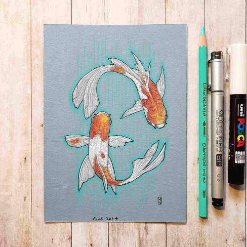 Original drawing - Two Koi Fish
A colour drawing of two Koi fish swimming in a circle.
I used colour pencil and other media on acid free blue pastel paper to create this drawing.
Materials: colour pencil, mixed media, acid free blue pastel paper
Width: 5 inches
Height: 7 inches