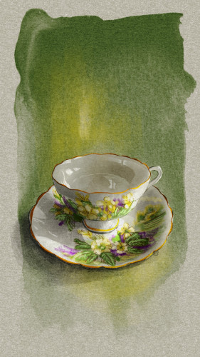 Illustration of a floral teacup and saucer set against a green and yellow watercolor background.