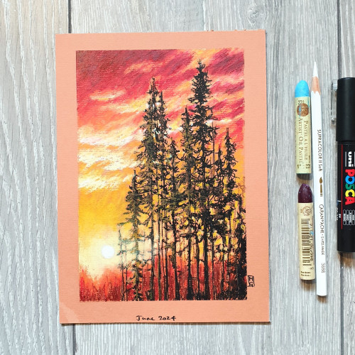 Original oil pastel painting - Sunset with Pine Trees
An oil pastel painting of a red sunset with tall pine trees.
Materials: oil pastel, mixed media, acid free terracotta coloured pastel paper
Width: 14.5 centimetres
Height: 21 centimetres