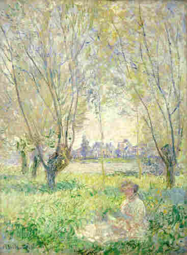 A woman sits among loosely painted, crescent-shape blades of emerald and lemon-lime green grass, under tall trees.