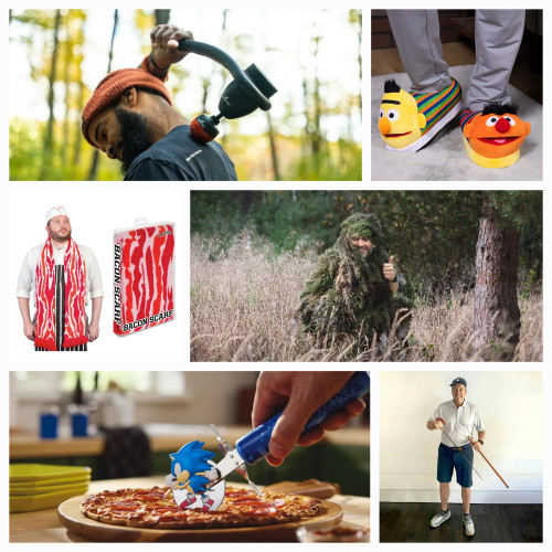 Is it a massage machine for your back? No - it's almost certainly designed for your bum. But shown here being used by a hipster in the woods to massage his back. 

Burt and Ernie slippers (from Sesame Street - they're funny looking Muppets)

Bacon scarf

Ghillie camouflage suit (makes you look like a big load of weeds)

Sonic the Hedgehog pizza cutter

A golf club containing a hidden sword. I KNOW. 