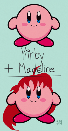 Top: Digital drawing of Kirby, ready & excited to play! 
Middle:  Text reads "Kirby + Madeline ="
Bottom: Digital drawing of Kirby, having eaten & assimilated Madeline from Celeste.