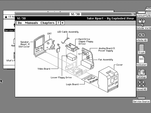 A screenshot of a mac running HyperCard showing an exploded diagram view of a Mac SE/30. The major parts are the front bezel, the CRT, the Hard Drive, Floppy Drive, Power Supply, Logic Board, and Cover. There are a few other smaller parts and assemblies shown. The whole thing is a wonder technical drawing in pixel art.