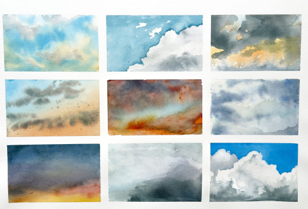 A series of 9 panels on white background featuring watercolor skies with clouds, including sunset and sunrise in different different shades of grey, blue, yellow and orange.
