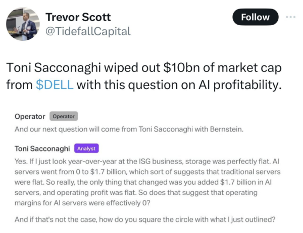 Toni Sacconaghi wiped out $10bn of market cap from $DELL with this question on AI profitability 
"Yes if I just look year over year at the ISO business, storage was perfectly flat. AI servers went from 0 to $1.7 billion, which sort of suggests that traditional servers were flat. So the only thing that changed was you added $1.7 billion in AI servers, and operating profit was flat. So does that suggest that operating margins for AI servers were effectively 0?
And if that's not the case, how do square the circle with what I just outlined?"
