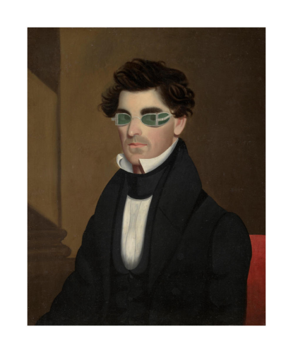 A Realist portrait. We have a dark-haired man, about 30, well dressed in early 19th century fashion. He wears a black coat and waistcoat, a white shirt with a tall collar, and black ascot or neckcloth. His dark hair is a bit mussed, and he wear green sunglasses of an antique design. He looks off to the viewer's right with some urgency.