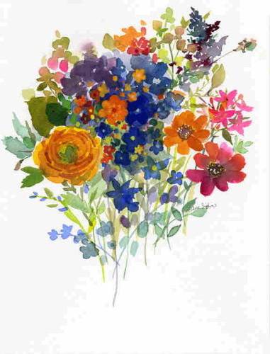 A watercolor bouquet with flowers in different shapes and sizes. The style is loose. There's a lot of blue, a lot of tiny flowers and leaves, and a lot of orange and red, all on a white background. 