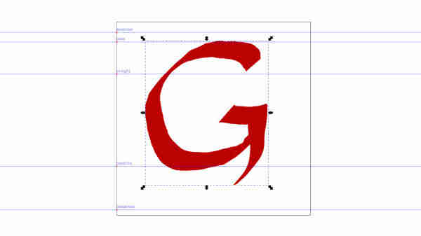 images shows a vaguely Uncial letter G drawn in Inkscape. The template shows  light blue guides for caps, baseline, ascender and descender. These are what disappear