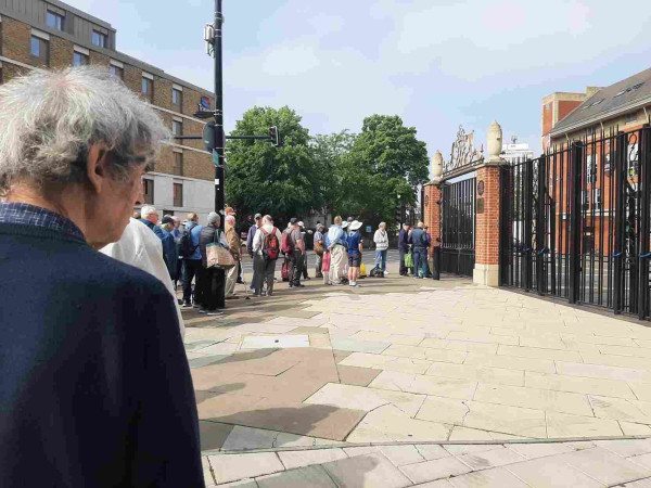 A queue of about 100 people at the Hobbs Gate at the Oval.
