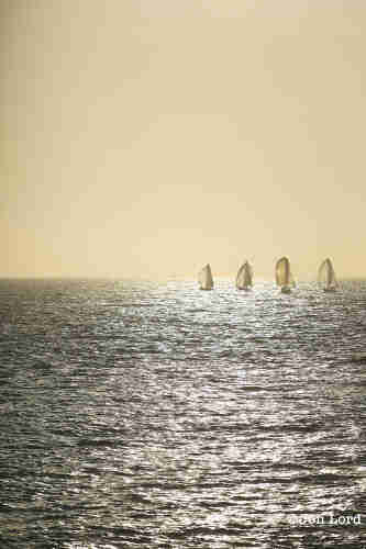 A Simple Colour Photo Taken At Dusk Of Four Distant Sailing Boats On The Pacific Ocean Close To The Horizon, The Image Being Divided With The Top Half Being A Caramel Coloured Sky While The Lower Half Being The Sea.