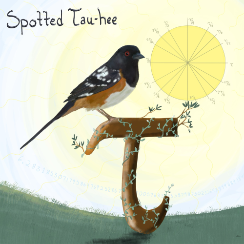 A spotted towhee sits on a wooden tau with vines growing on it and a few branches and a son that looks like the unit circle with tower units. Digital illustration there’s grass at the bottom and digits of tau are lightly written in the background.