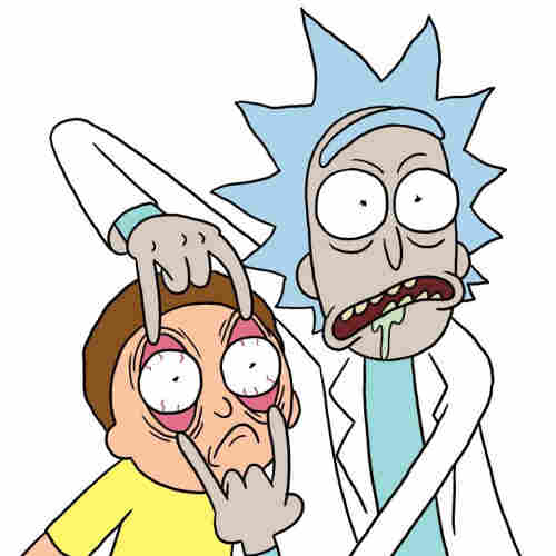 Image of Rick Sanchez, an old Hispanic man with spiky grey-blue hair wearing a lab coat, holding open his grandson’s eyes to force him to look at something horrifying. Morty is a Caucasian adolescent male with brown hair wearing a yellow shirt.