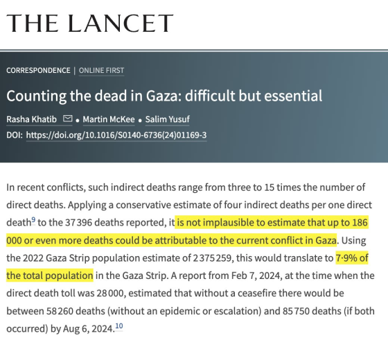THE LANCET

CORRESPONDENCE | ONLINE FIRST

Counting the dead in Gaza: difficult but essential

Rasha Khatib o Martin McKee o Salim Yusuf

DOI: https://doi.org/10.1016/S0140-6736(24)01169-3

In recent conflicts, such indirect deaths range from three to 15 times the number of direct deaths. Applying a conservative estimate of four indirect deaths per one direct death to the 37396 deaths reported, it is not implausible to estimate that up to 186 000 or even more deaths could be attributable to the current conflict in Gaza. Using the 2022 Gaza Strip population estimate of 2375259, this would translate to 7-9% of the total population in the Gaza Strip. A report from Feb 7, 2024, at the time when the direct death toll was 28000, estimated that without a ceasefire there would be between 58260 deaths (without an epidemic or escalation) and 85750 deaths (if both occurred) by Aug 6, 2024.