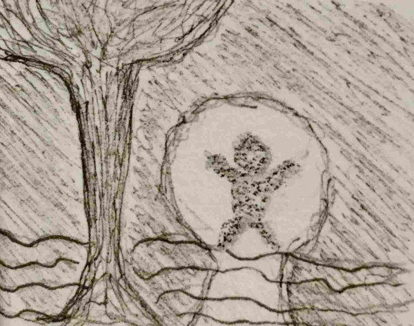 Es ist sehr dunkel, ein Baum neben einem Gewässer, durch das sich ein heller Lichtschein zieht. Und in diesem Lichtschein sieht man eine Figur, die ebenfalls dunkel ist, aber sich zu freuen scheint. Weil sie irgendwo angekommen ist?

AutoALT: Pencil sketch of a tree with a snowman drawn in the background, likely representing a snowy landscape.