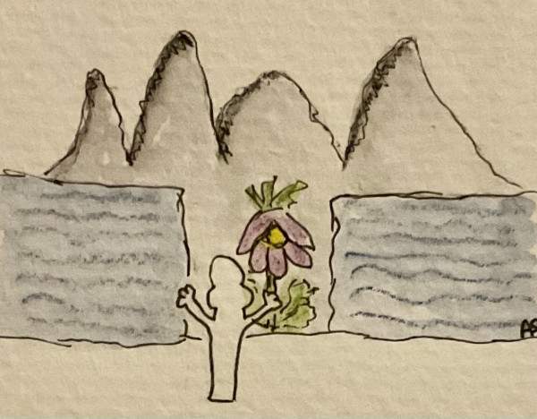 A simple drawing featuring a person with raised arms standing in front of a large flower, between what appears to be a divided sea. In the background are mountain peaks.
