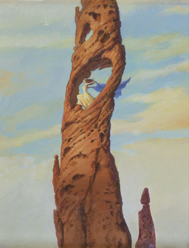 A tall finger of rock, pitted and rust colored, rises against light blue sky cast with clouds tinted yellow. In an eyelet set near the top of the formation, a woman stands facing off panel left illuminated by the sun unseen. Her arms are thrown back and the cornflower blue cape she holds trails, lifted in the same line as her long chestnut hair, blown by the wind. She wears a long white sleeveless gown but boldly strides forward to rest her front leg—knee bent in extension—on a raised chunk of rock. 
