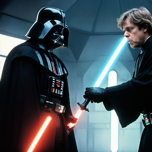 Darth Vader with a red lightsaber.

A guy meant to be Luke Skywalker is picking his nose with a blue lightsaber.