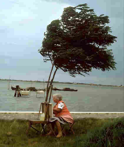 Photography. A color photo of a woman painting on the coast. On a meadow in front of a coast with blue water and small boats, an elderly lady sits in front of an easel. The thin green deciduous tree behind her shows that it is very stormy. It is swaying its leaves to the right. The lady is sitting on a chair, wearing an orange smock over a short black and white skirt and gazing intently to the left. Her short gray hair is blowing in the wind, but that doesn't stop her from painting. A wonderful snapshot of a great storyteller with his photo camera.
Info: Jean Gaumy (b. 1948) is a French photographer and award-winning filmmaker who has worked for Magnum Photos since 1977, specializing in the portrayal of isolated or restricted communities and groups.