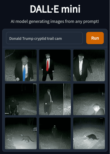A 9x9 set of Dall-E mini AI-generated images of the prompt "Donald Trump cryptid trail cam"