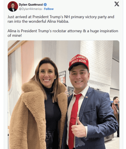 Dylan Quattrucci posing for a photo with Trump's lawyer Alina Gabba, both smiling, Dylan with thumbs up, wearing a MAGA hat.