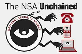 Picture of black and white eye with creepy hands reaching out from it toward phones and computers. Caption reads: The NSA Unchained