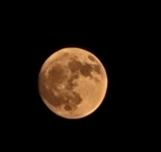 A red full moon in the night sky.