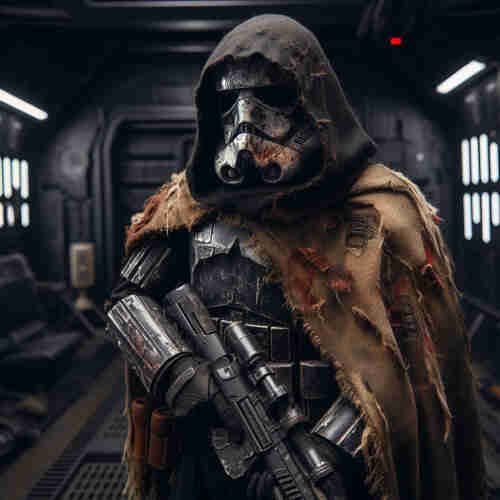 The image showcases an original character named Thane, for a Star Wars RPG. Thane is clad in battle-worn armor with a distinctive, battle-scarred stormtrooper helmet and a tattered cloak. His pose is formidable, holding a blaster confidently. The background suggests the interior of a starship or a space station, fitting the Outer Rim setting during the tumultuous transition from Republic to Empire.