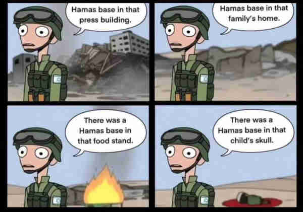 A 4 panel cartoon where a IDF soldier explains that there was a Hamas base in a press building, in a family's house, in a food stand and in a little child's head.