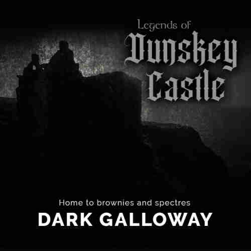 Black and white image of the eerie ruins of a castle, perched on a cliff top, overlooking the sea. Legends of Dunskey Castle. Home to brownies and spectres. Dark Galloway
