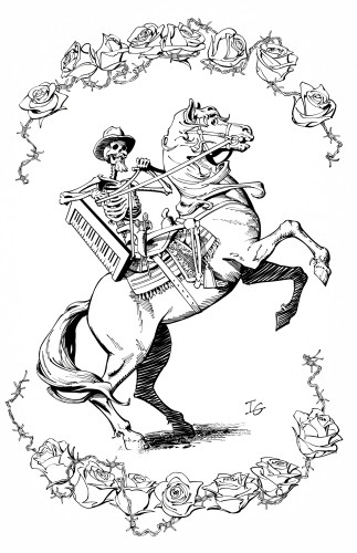A digital ink drawing of a skeleton with a keyboard on it's back riding a horse framed by roses connected by barbed wire.