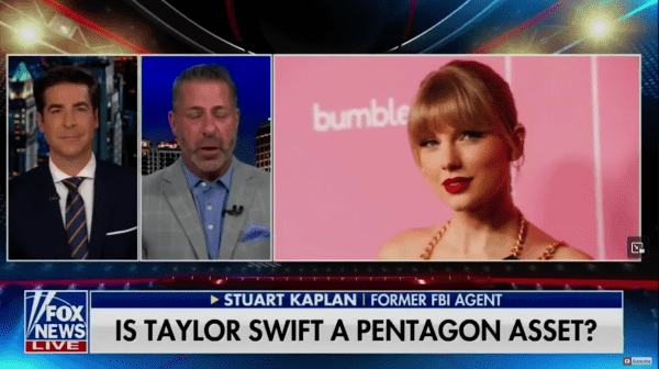 Fox screenshot showing chyron that says "Is Taylor Swift a Pentagon Asset?"