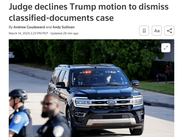 Headline Judge declines Trump motion to dismiss classified-documents case

For a moment I thought that vehicle was a hearse and I got all giddy