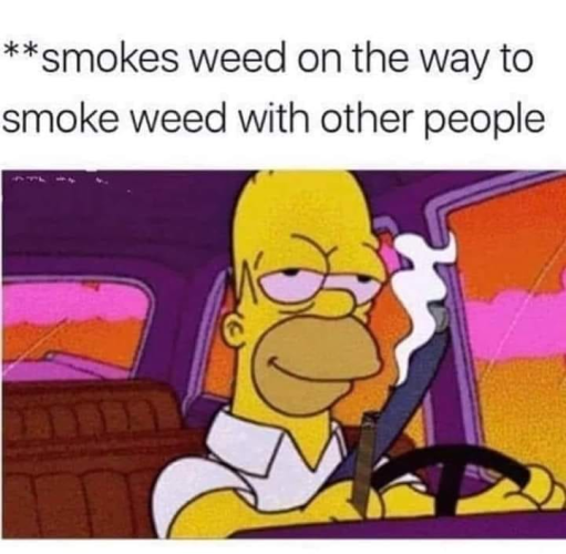 **smokes weed on the way to smoke weed with other people

[Homer Simpson driving in a car with a lit blunt]