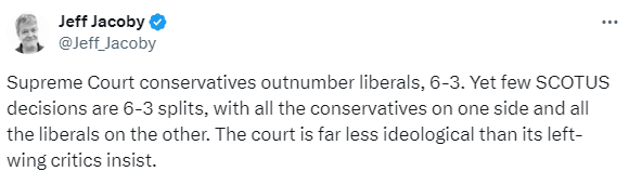 Jeff Jacoby writes: Supreme Court conservatives outnumber liberals, 6-3. Yet few SCOTUS decisions are 6-3 splits, with all the conservatives on one side and all the liberals on the other. The court is far less ideological than its left-wing critics insist.