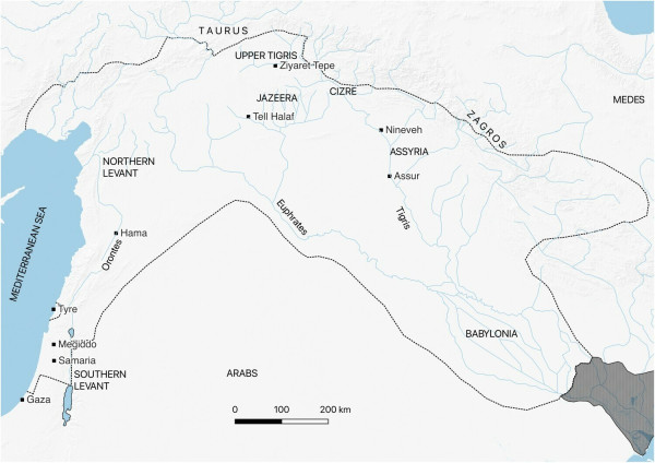 Figure 1 The extent of the Assyrian Empire under king Esarhaddon (r. 681–669 BCE). Borders are based on a sketch drawn by Karen Radner.